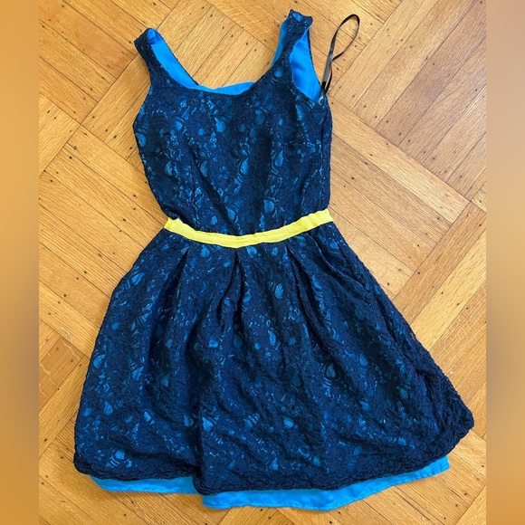 Miss Sixty Navy Lace Kids Dress with Yellow Belt - Picture 1 of 4